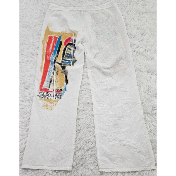 OHDD Save the Queen White Abstract Artsy Boho Chic Straight Leg Crop Pant Sz M - Picture 5 of 13